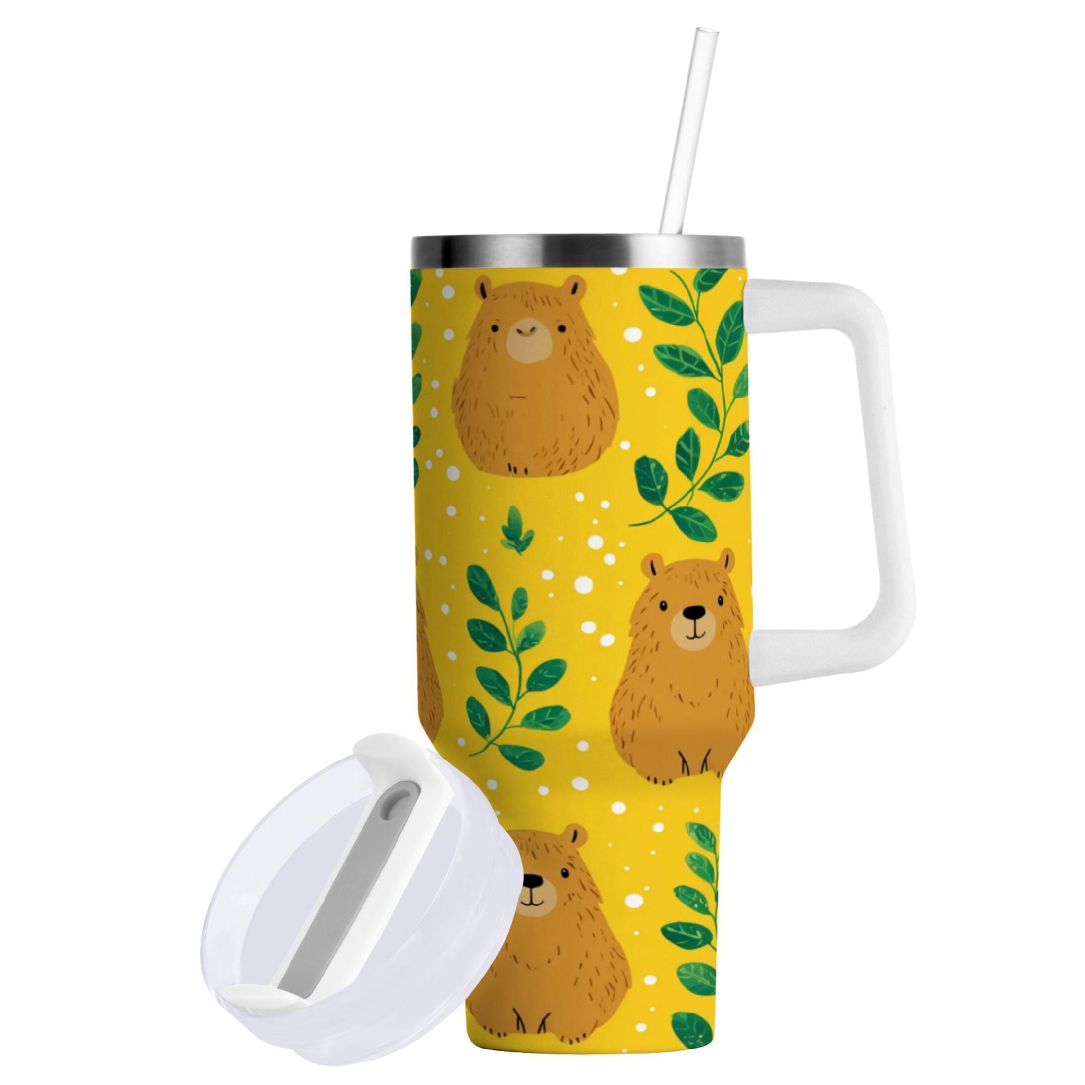 30 oz Insulated Stainless Steel Tumbler Double Wall Stainless Steel Tumbler with 2-Way Drinking Capybara and Green Leaves - VC8M