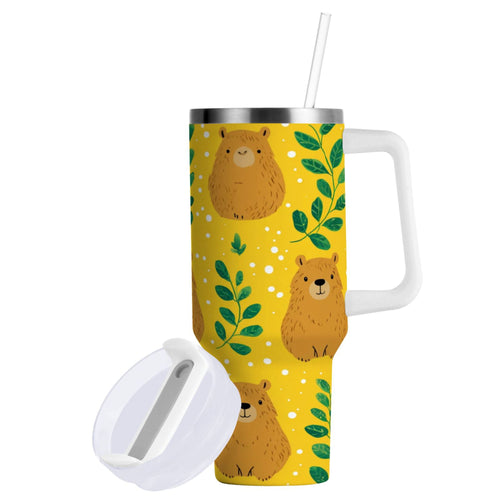 30 oz Insulated Stainless Steel Tumbler Double Wall Stainless Steel Tumbler with 2-Way Drinking Capybara and Green Leaves - VC8M
