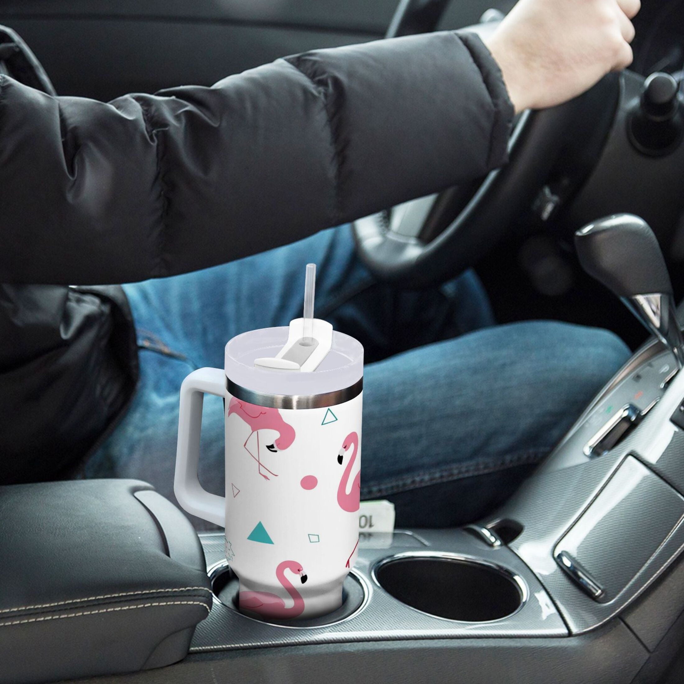 40 oz Insulated Stainless Steel Tumbler Double Wall Stainless Steel Tumbler with 2-Way Drinking Cute Flamingo Pattern - SJKI