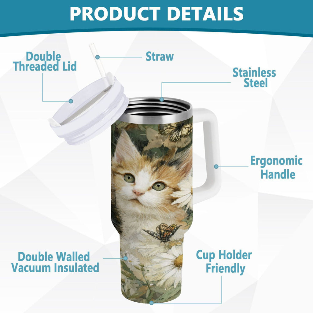 30 oz Insulated Stainless Steel Tumbler Double Wall Stainless Steel Tumbler with 2-Way Drinking Adorable Cats and Daisies - NPCU