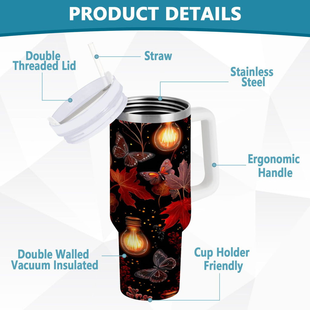 40 oz Insulated Stainless Steel Tumbler Double Wall Stainless Steel Tumbler with 2-Way Drinking Light Bulbs and Maple Leaves - Q0NQ