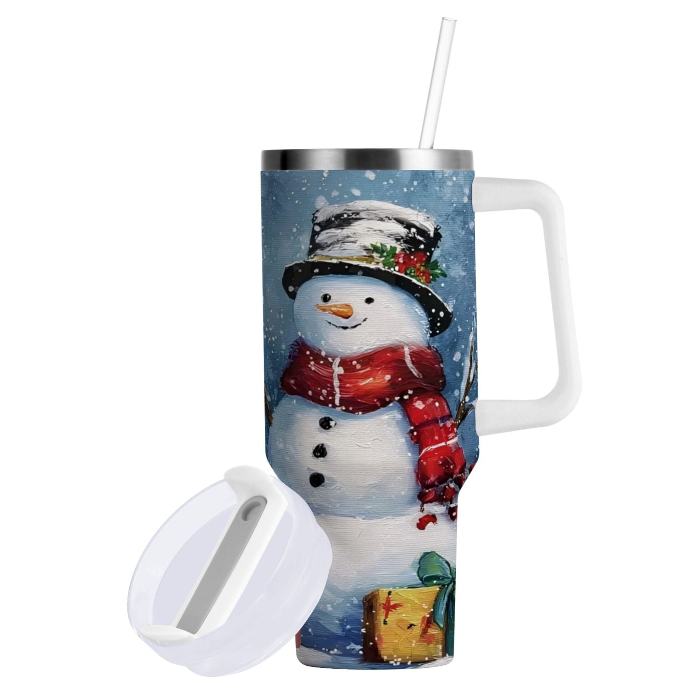 30 oz Insulated Stainless Steel Tumbler Double Wall Stainless Steel Tumbler with 2-Way Drinking Christmas Scene with Snowman - J9D0