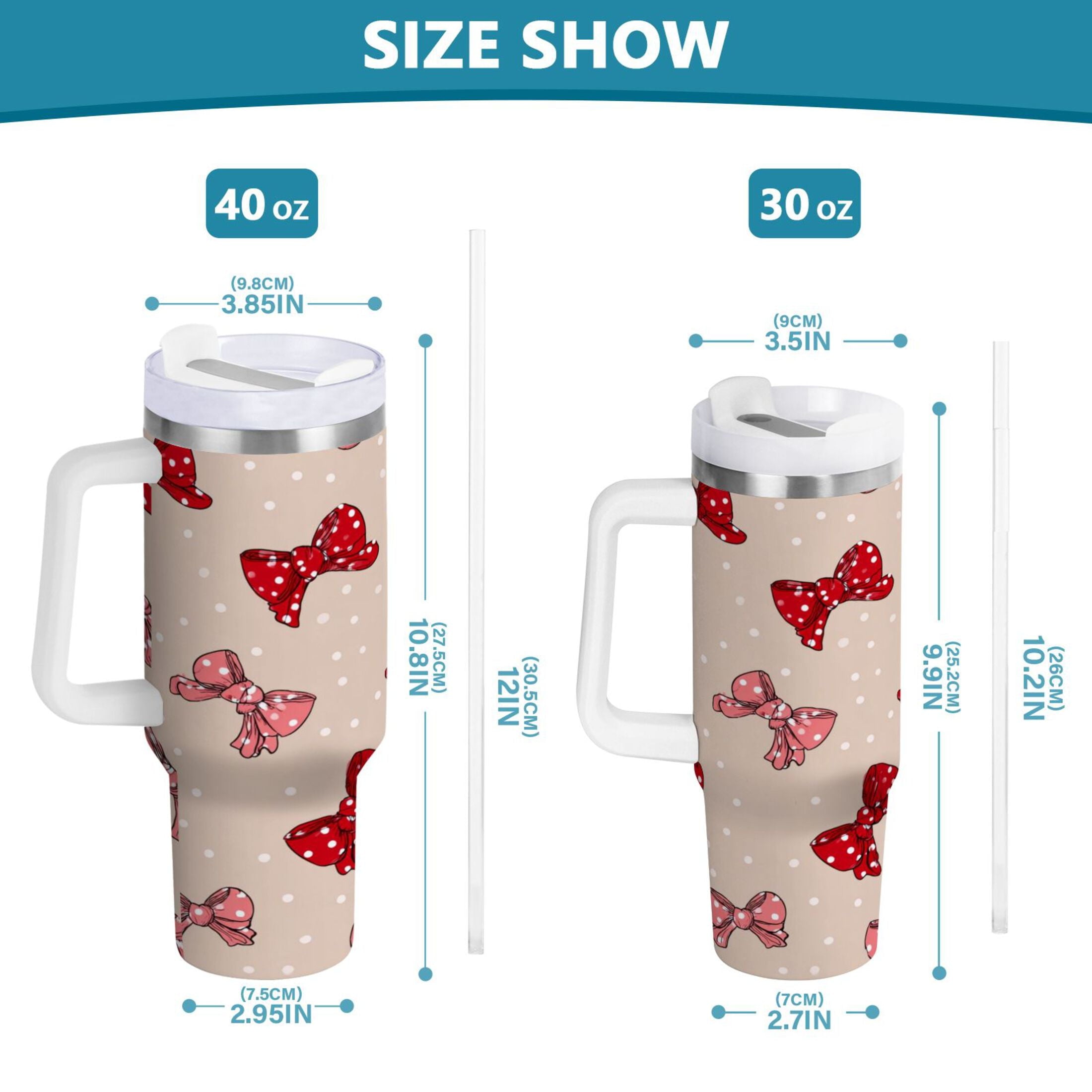 30 oz Insulated Stainless Steel Tumbler Double Wall Stainless Steel Tumbler with 2-Way Drinking Cute Red Bows Pattern - 070H