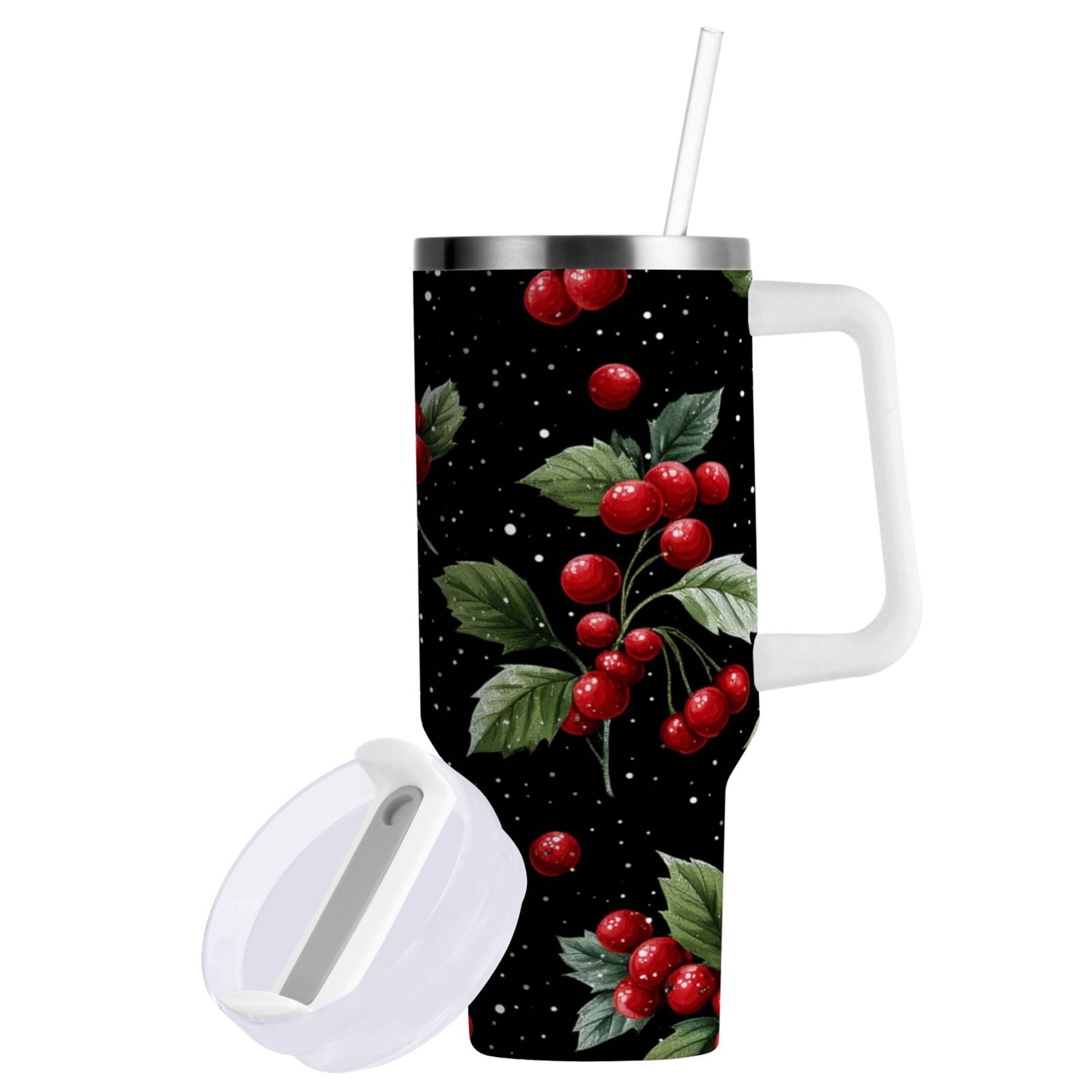 40 oz Insulated Stainless Steel Tumbler Double Wall Stainless Steel Tumbler with 2-Way Drinking Red Holly Berries Pattern - 130P