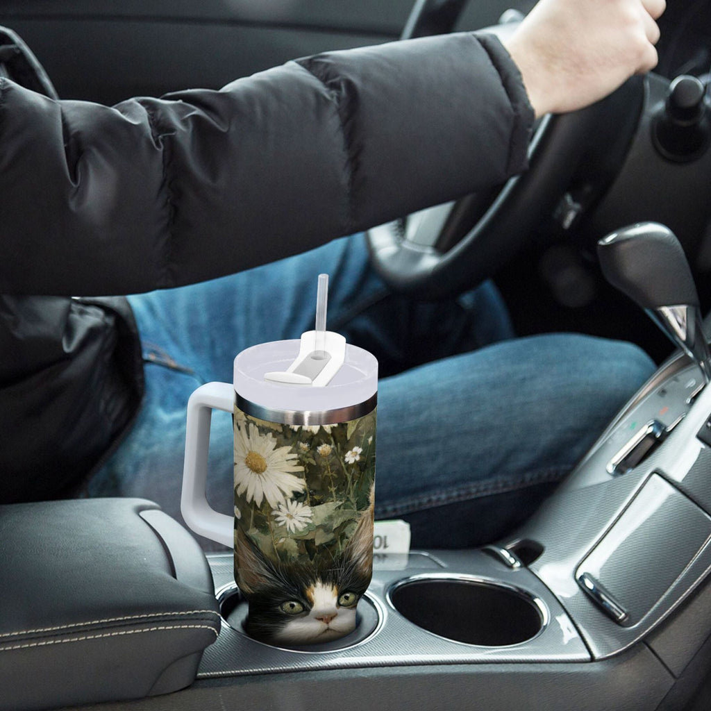 30 oz Insulated Stainless Steel Tumbler Double Wall Stainless Steel Tumbler with 2-Way Drinking Adorable Cats and Daisies - NPCU