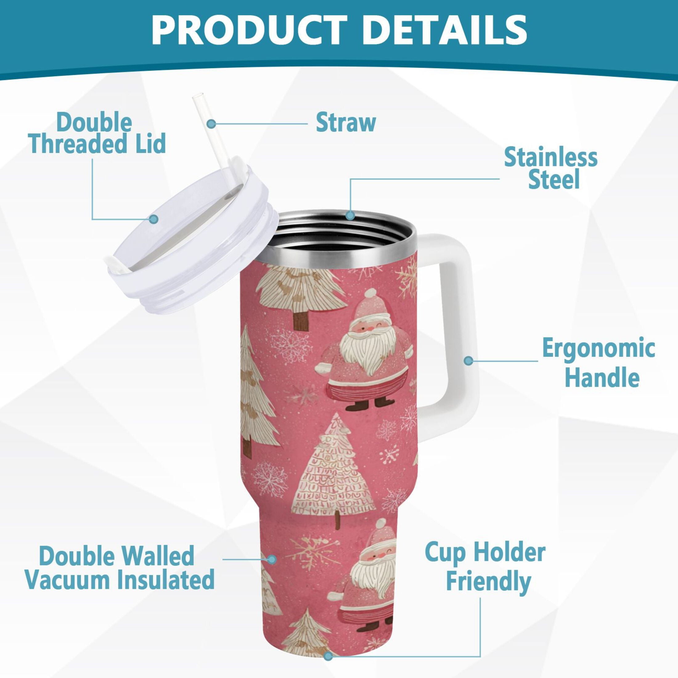 40 oz Insulated Stainless Steel Tumbler Double Wall Stainless Steel Tumbler with 2-Way Drinking Pink Santa Claus Pattern - SZTV