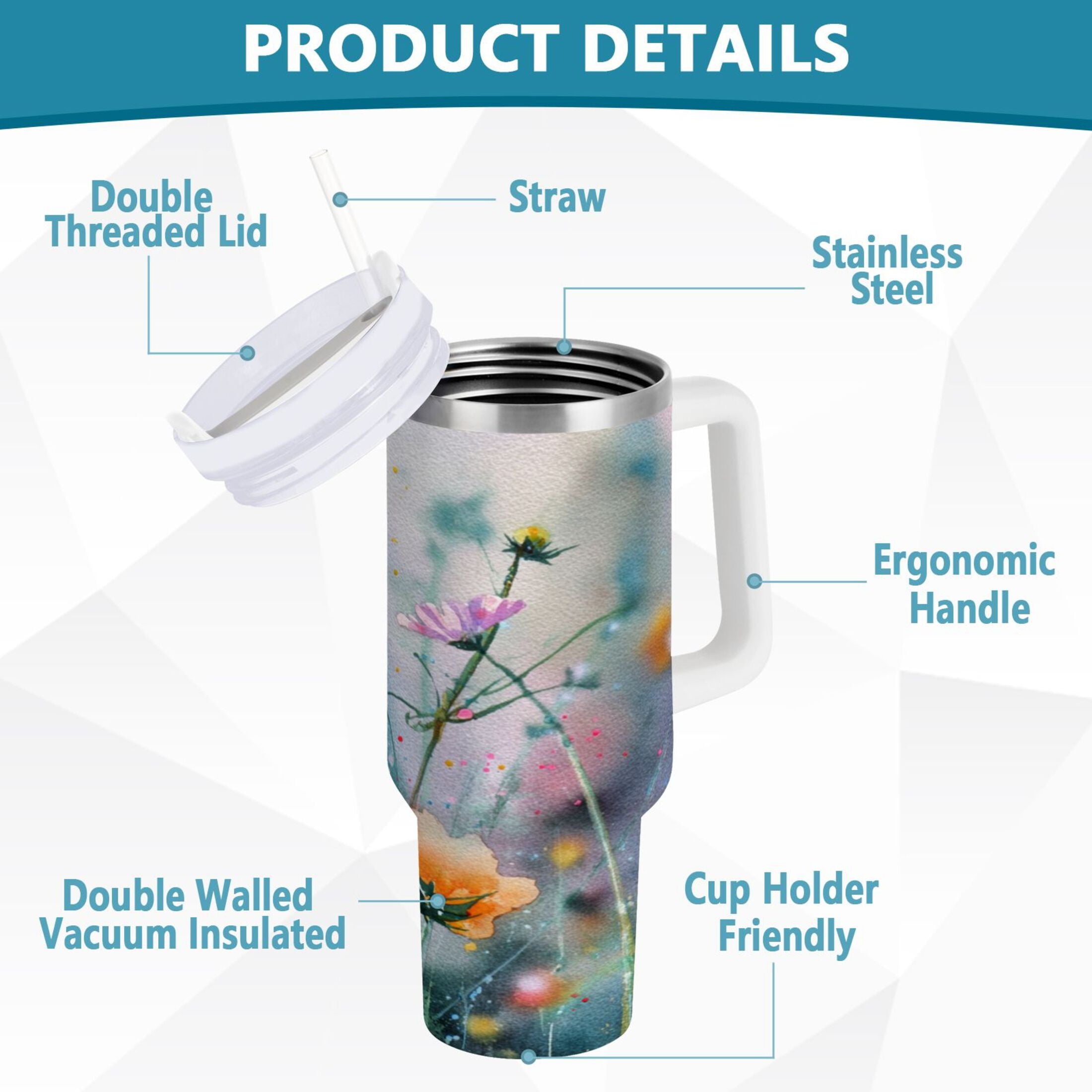 40 oz Insulated Stainless Steel Tumbler Double Wall Stainless Steel Tumbler with 2-Way Drinking Abstract Wildflowers - B83F
