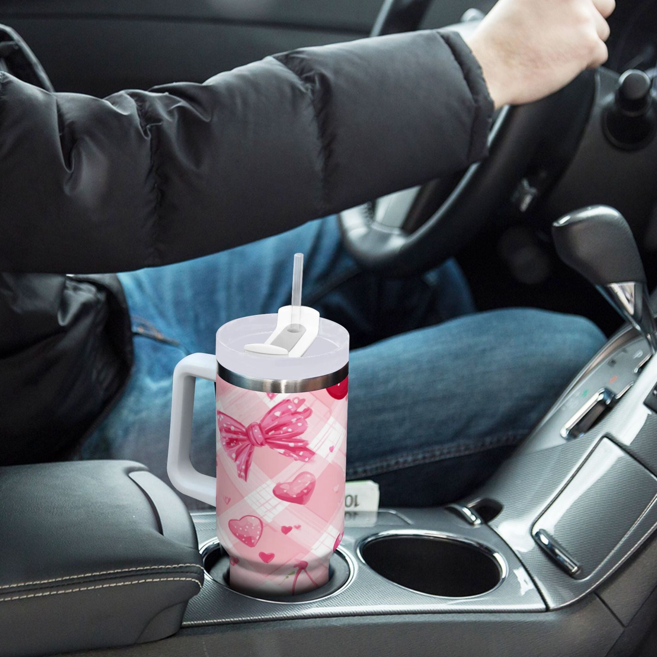 30 oz Insulated Stainless Steel Tumbler Double Wall Stainless Steel Tumbler with 2-Way Drinking Cherry and Pink Bow Pattern - ROVR