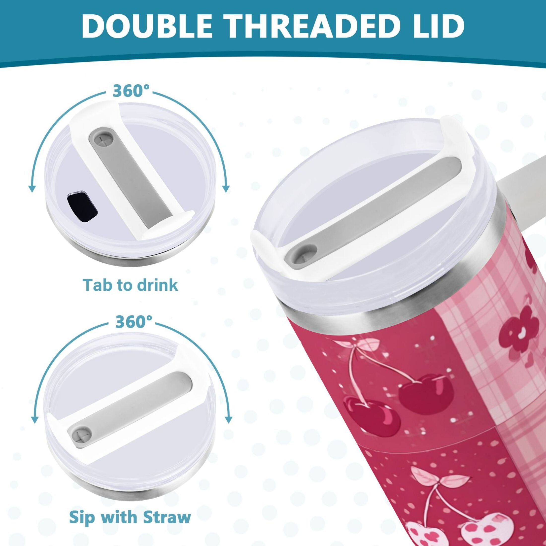 30 oz Insulated Stainless Steel Tumbler Double Wall Stainless Steel Tumbler with 2-Way Drinking Cherry Pattern with Bows - DQ2J