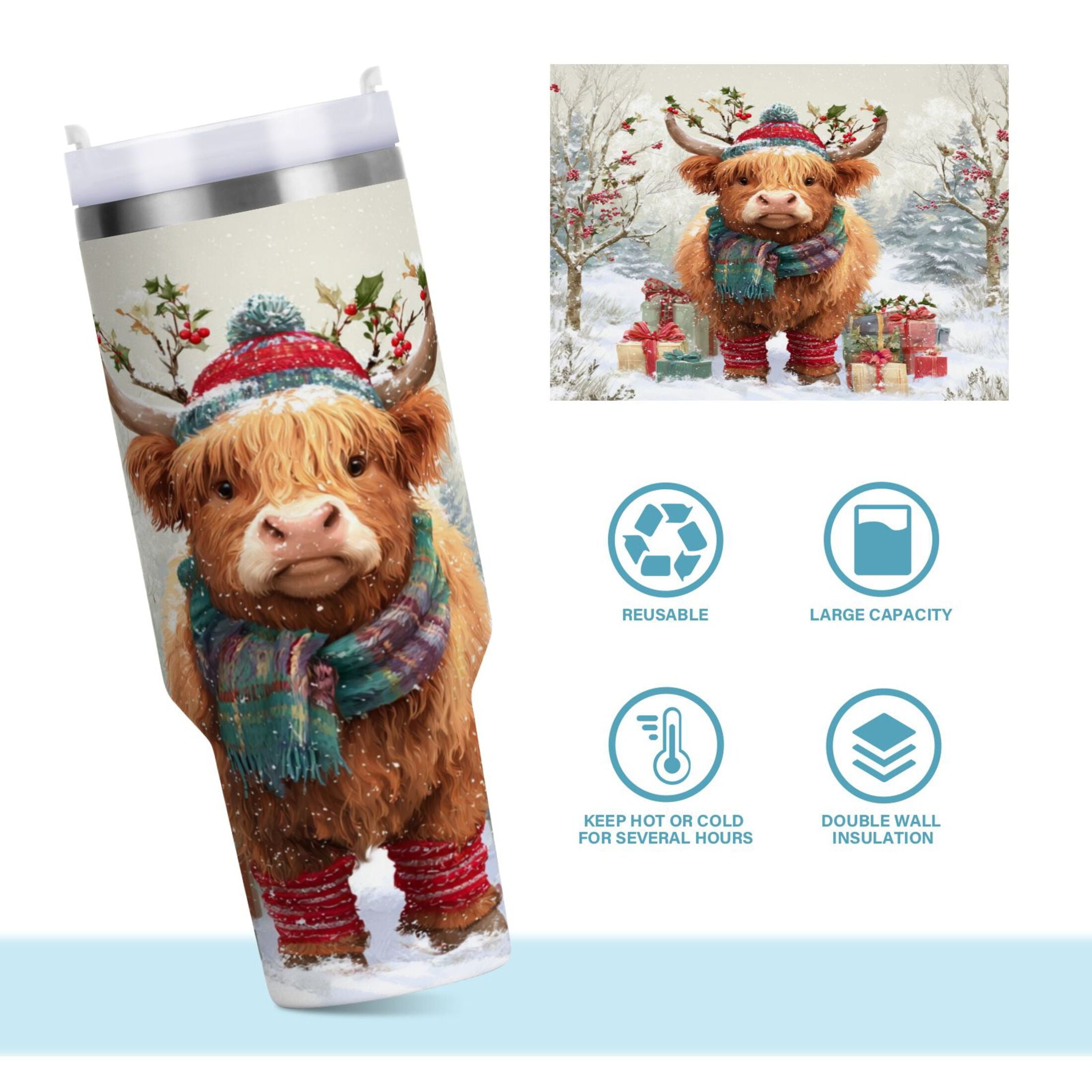 30 oz Insulated Stainless Steel Tumbler Double Wall Stainless Steel Tumbler with 2-Way Drinking Cow Wearing Christmas Hat - QIV6