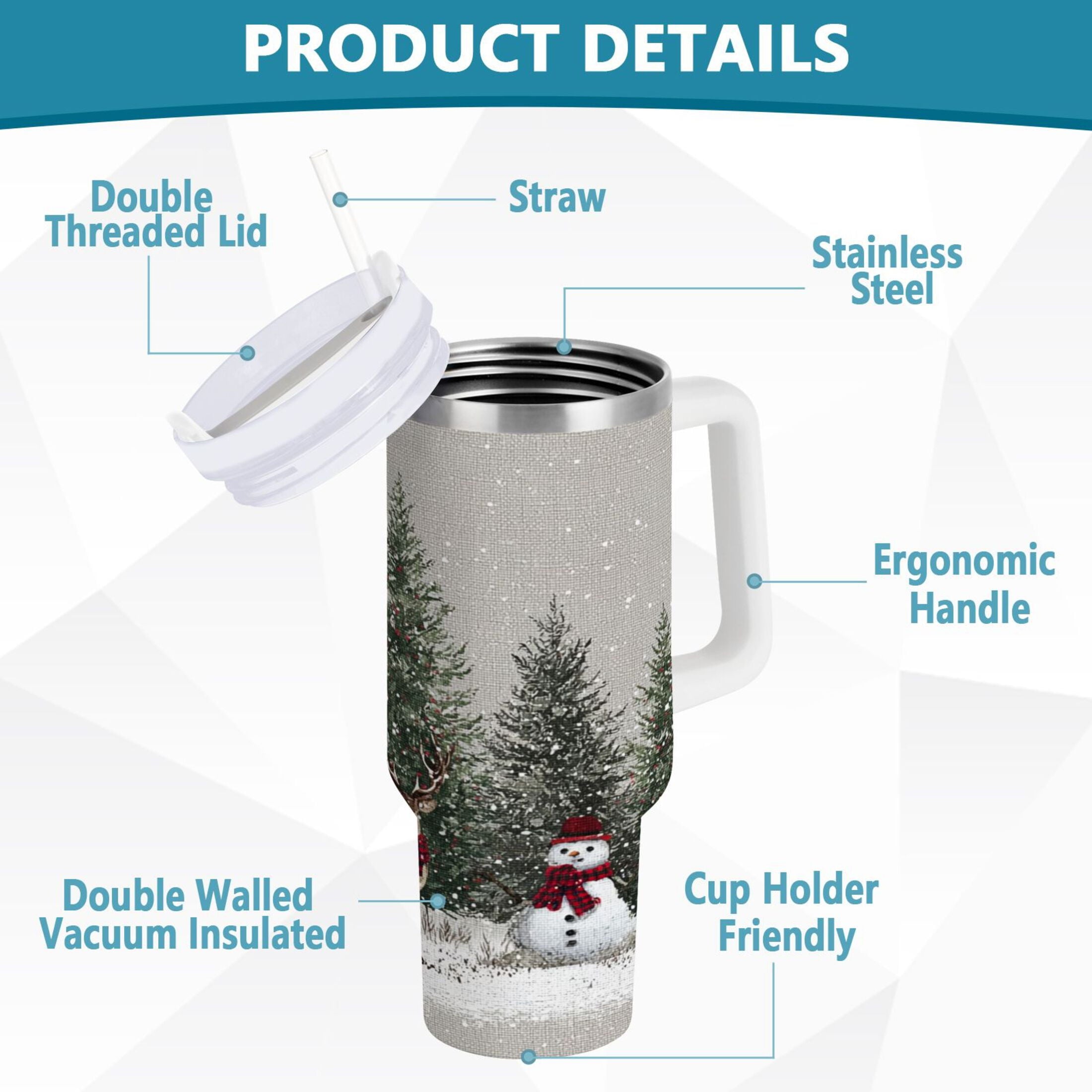 30 oz Insulated Stainless Steel Tumbler Double Wall Stainless Steel Tumbler with 2-Way Drinking Christmas Deer and Snowmen - 5BXM