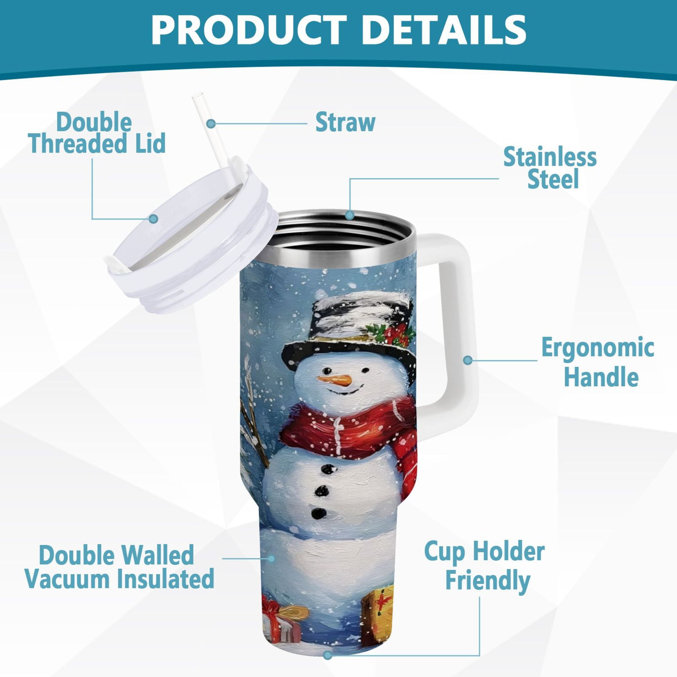 30 oz Insulated Stainless Steel Tumbler Double Wall Stainless Steel Tumbler with 2-Way Drinking Christmas Scene with Snowman - J9D0
