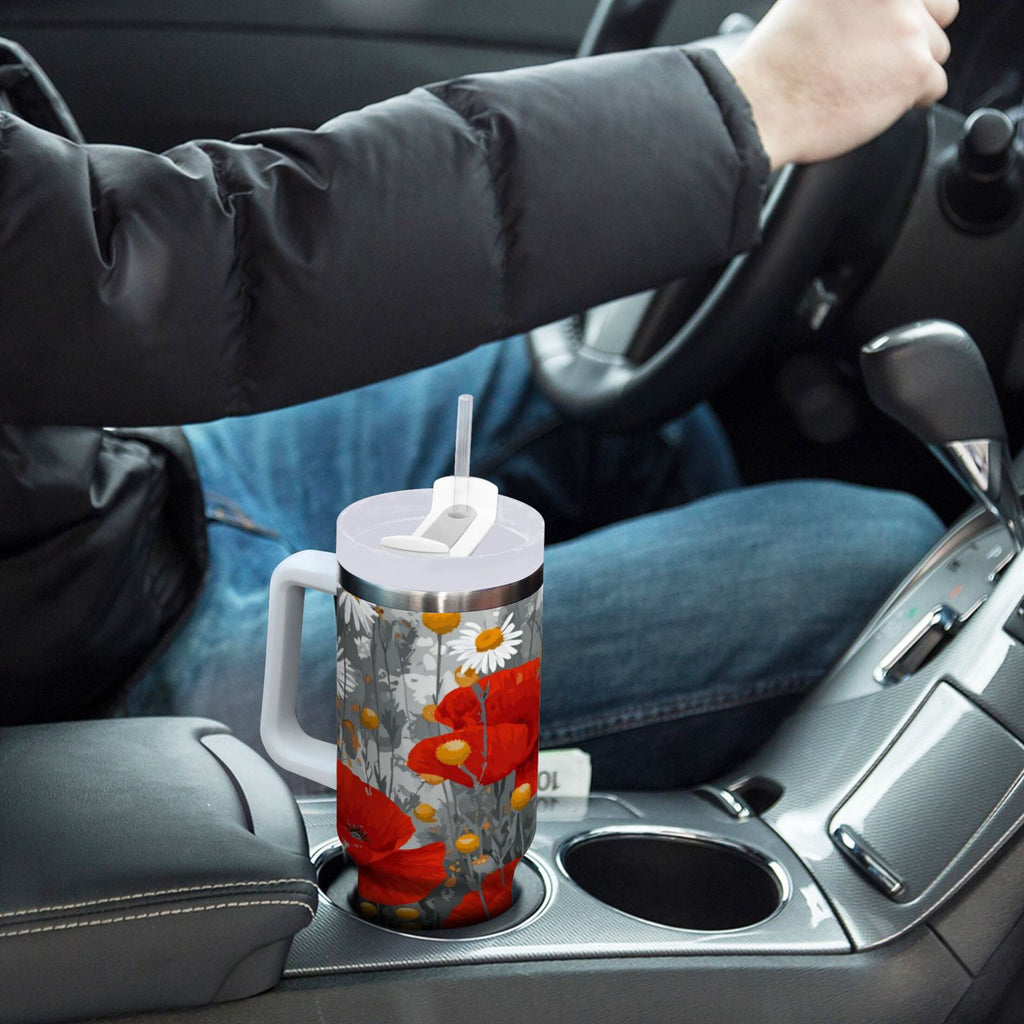 40 oz Insulated Stainless Steel Tumbler Double Wall Stainless Steel Tumbler with 2-Way Drinking Red Flowers and Daisies - RBEA