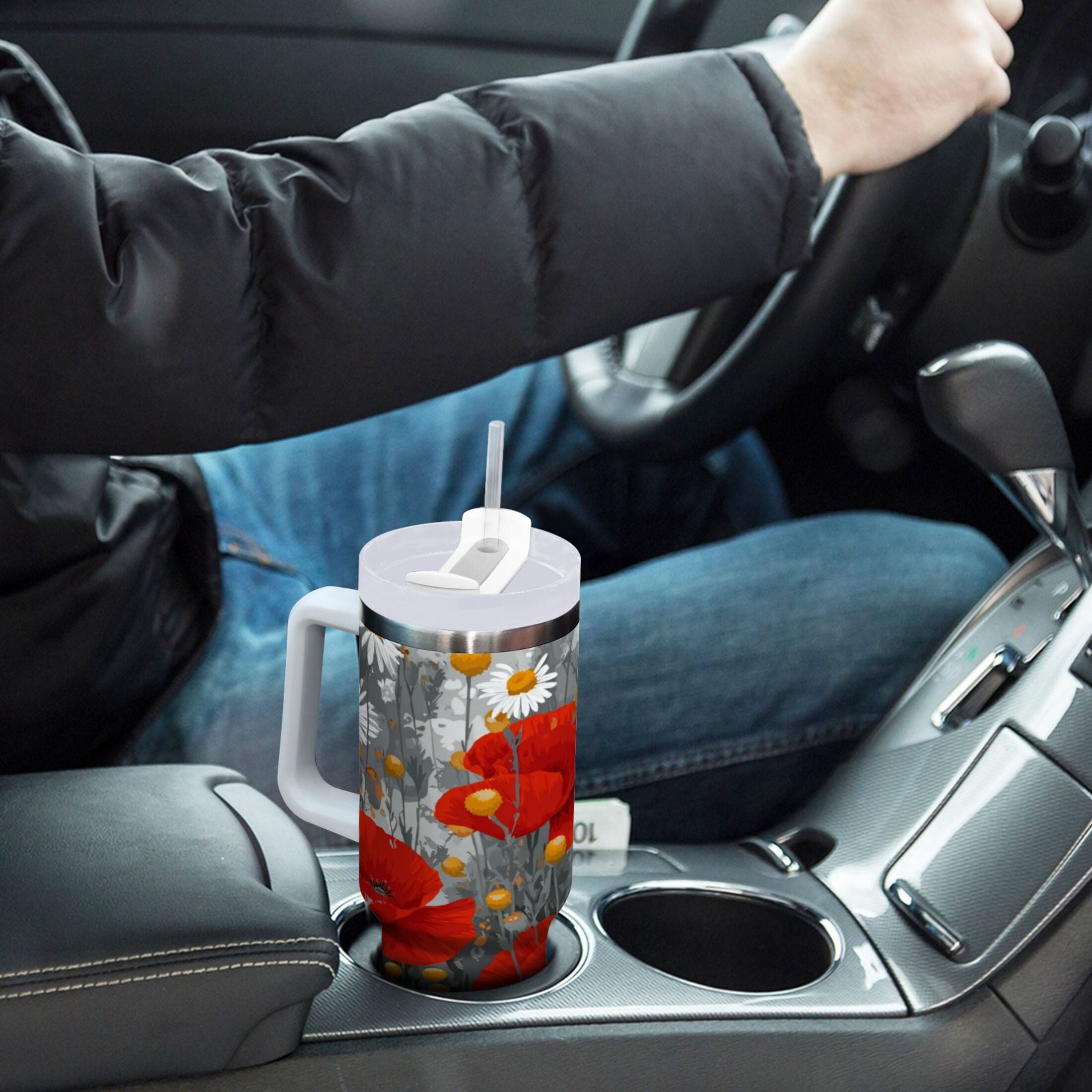 40 oz Insulated Stainless Steel Tumbler Double Wall Stainless Steel Tumbler with 2-Way Drinking Red Flowers and Daisies - RBEA