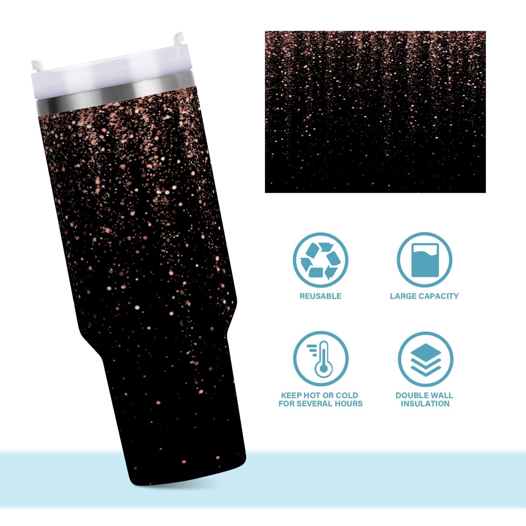 40 oz Insulated Stainless Steel Tumbler Double Wall Stainless Steel Tumbler with 2-Way Drinking Rose Gold Glitter - FCXO
